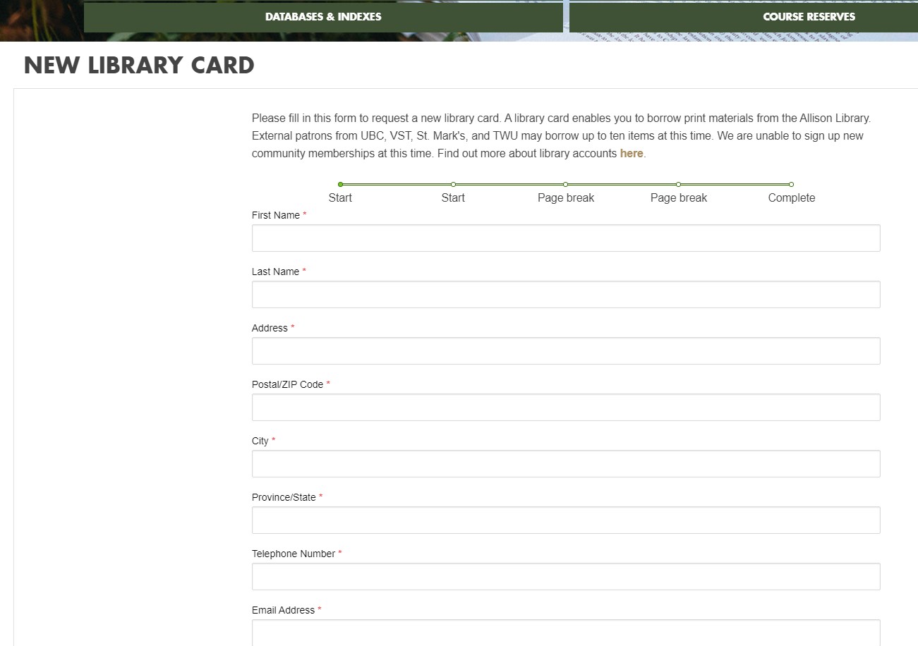 Online Library Card Form for New External Patrons